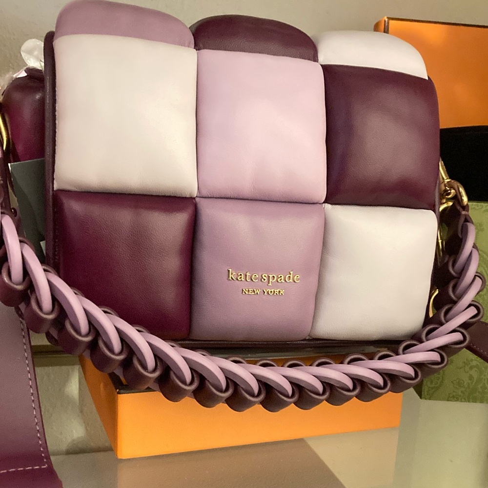 NWT $528 retail kate spade Quilted Patchwork Crossbody Bag in Plum & Lilac Boxxy